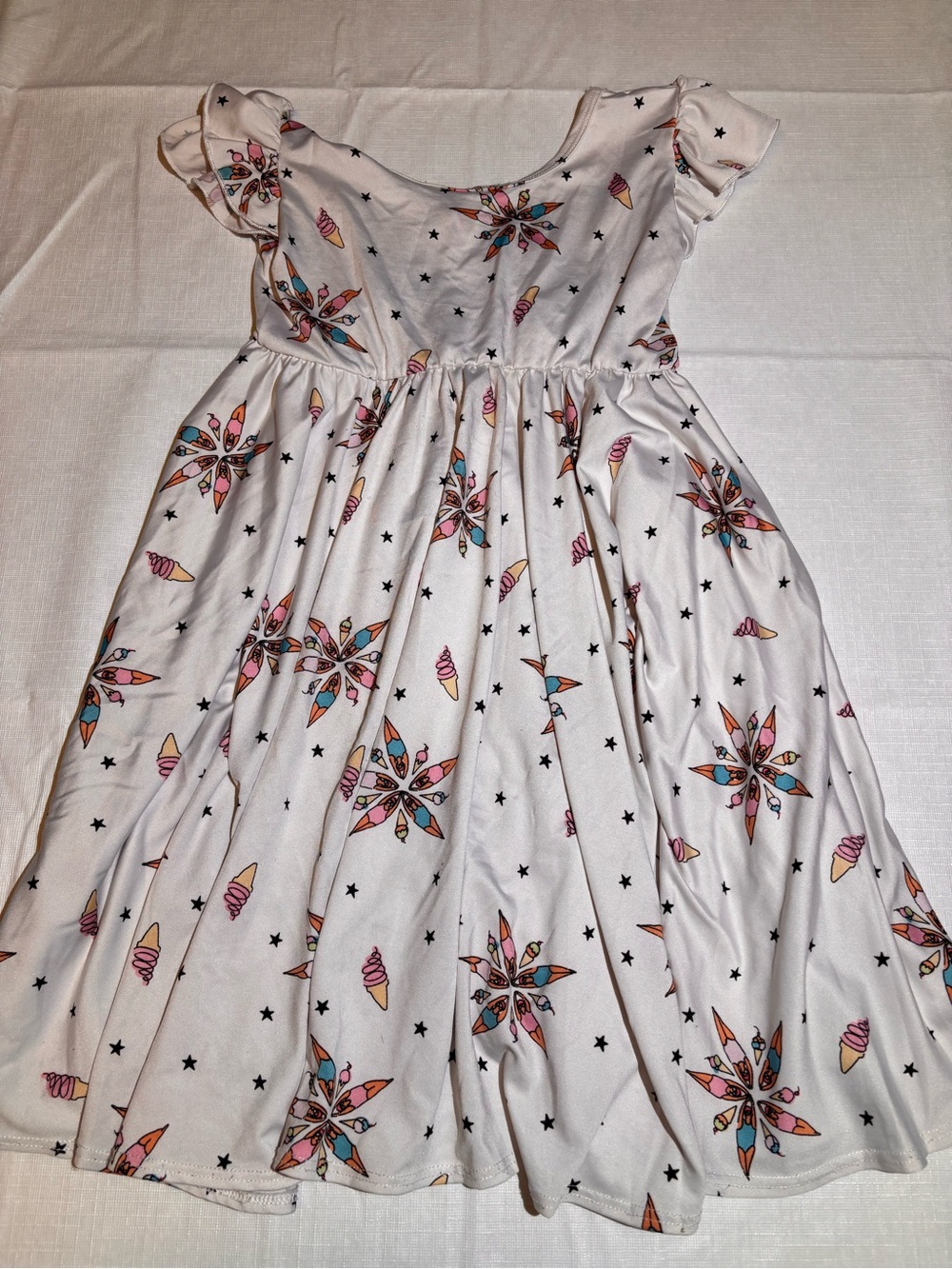 Dot Dot Smile White Dress with Pink, Orange & Blue Ice Cream Starburst Print